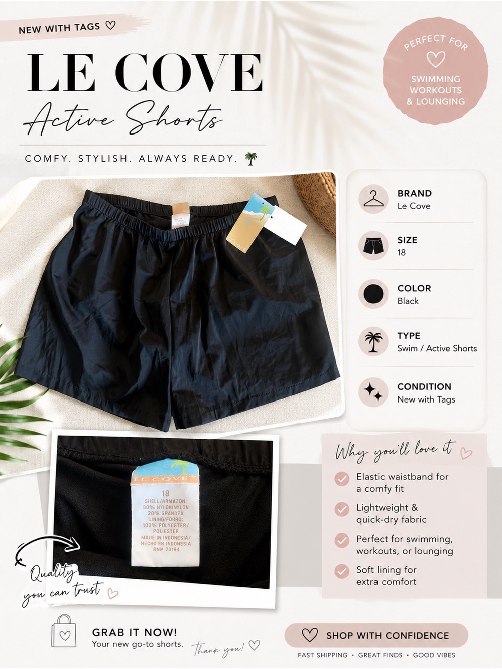 Le Cove Black Women’s Swim Active Shorts